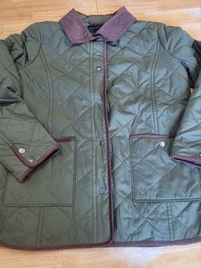 Talbots Green Quilted Chore Coat Barn Jacket Brown Corduroy Collar Trim Medium